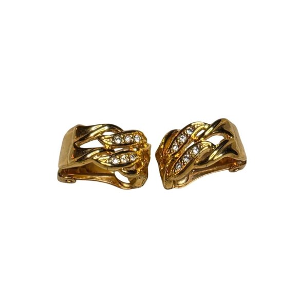 Gold-Tone Clip-On Earrings With Rhinestone Accents & Woven Design - Picture 1 of 4